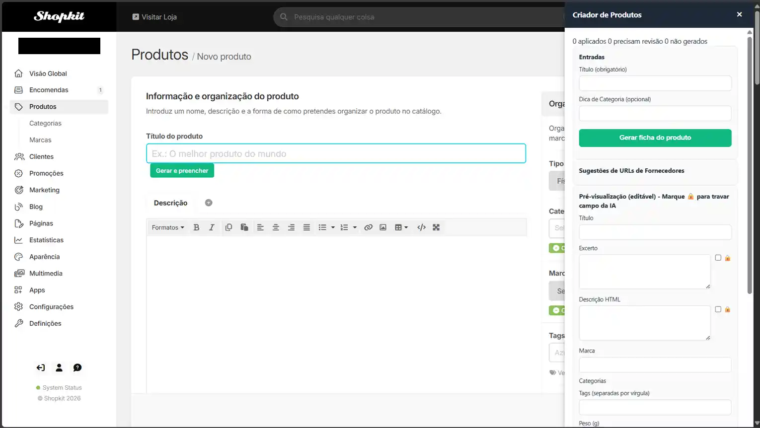 Editor de produtos Shopkit com painel da extensão ShopKit AI para gerar e preencher campos